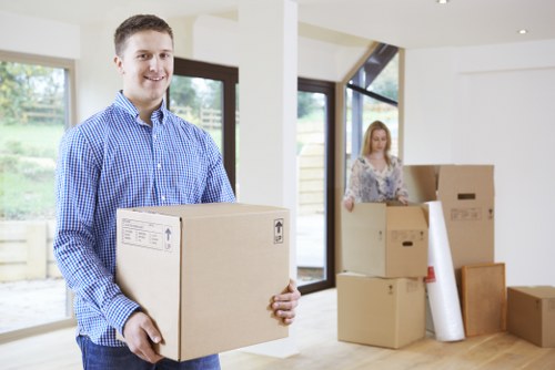 Furniture and boxes being delivered to a new home