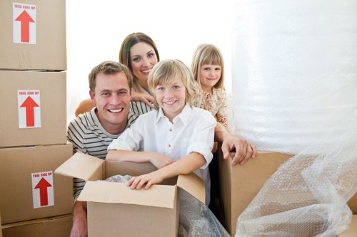 Packed office furniture and equipment ready for transport