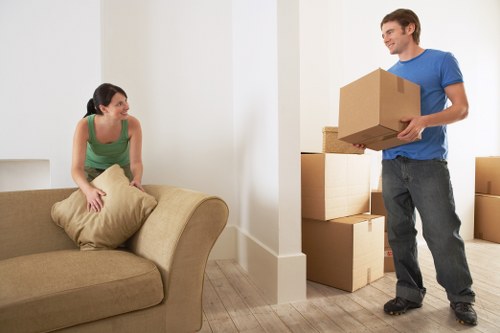Professional movers loading boxes and household items into a van