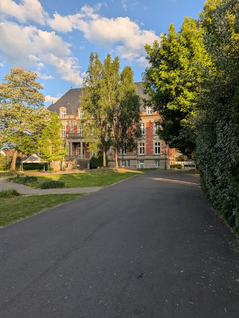 A wide asphalt driveway leads towards a large, historic brick and stone residential building with multiple windows, set amidst lush green trees and shrubbery. The property features a staircase entrance with steps leading up to a porch, partially obscured by trees. The scene is illuminated by bright, natural daylight under a partly cloudy sky, with mature trees displaying green foliage, some beginning to show autumnal colours. To the right, a tall hedge lines the edge of the driveway, providing privacy. The area appears quiet and well-maintained, suitable for home relocation activities, with no moving equipment or personnel visible in this outdoor scene. This setting aligns with the type of location where [COMPANY_NAME], such as Man With a Van Manor House, would perform house removals or furniture transport as part of a professional moving service in the Finsbury Park to Manor House area.