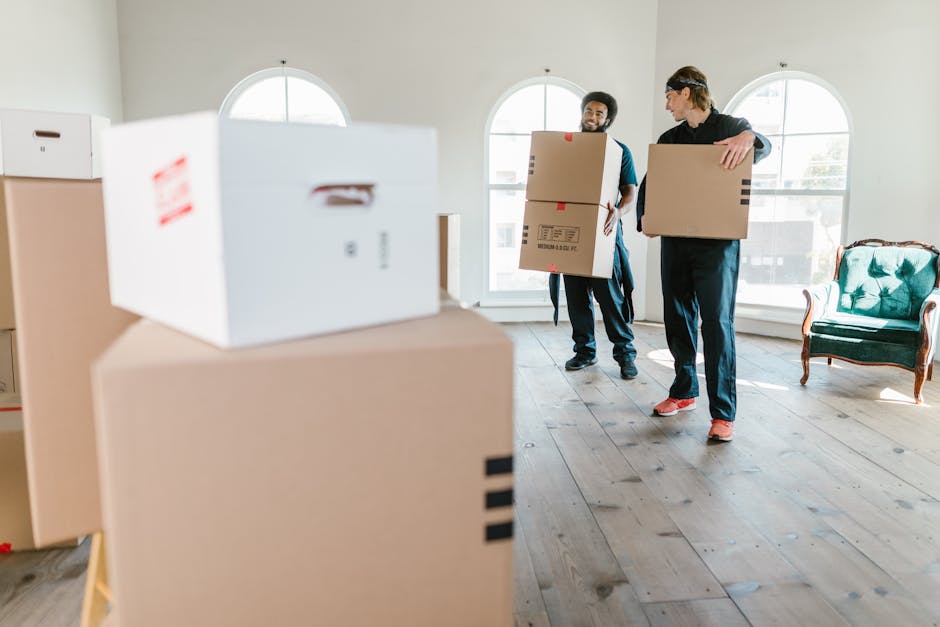 Two movers from Man With a Van Manor House are inside a bright, spacious room with large arched windows, preparing for home relocation. One mover, with curly hair and glasses, is lifting a medium-sized cardboard box, while the other, with a beard and short hair, is holding a larger box. The room features a wooden floor and minimal furniture, including a vintage green armchair on the right. Several cardboard boxes, some sealed with packing tape and others open, are arranged on the floor and against the wall, indicating packing and moving preparations. The lighting is natural, coming through the windows, illuminating the scene and highlighting the organized loading process. The movers are dressed in casual work attire, with protective footwear, and are engaged in careful handling of the boxes, supporting efficient furniture transport and professional packing during the manual moving services provided by Man With a Van Manor House.